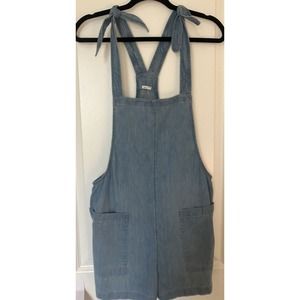 Aerie Romper Women Medium Blue Denim Racerback Sleeveless Pockets Shoulder Tie